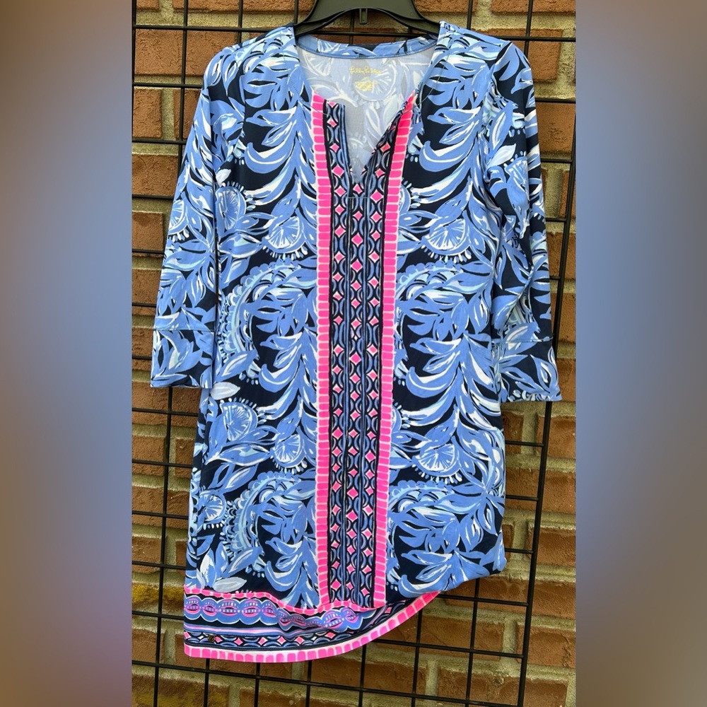 Lilly Pulitzer Blue Floral Tunic with Pink Center Trim